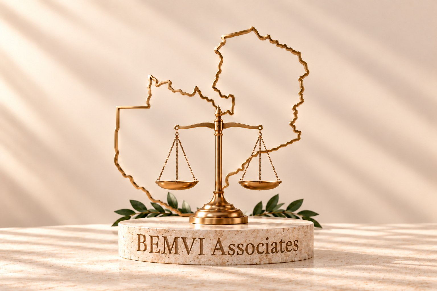 Gold scales of justice before a gold outline of Zambia, on a marble plinth engraved BEMVI Associates